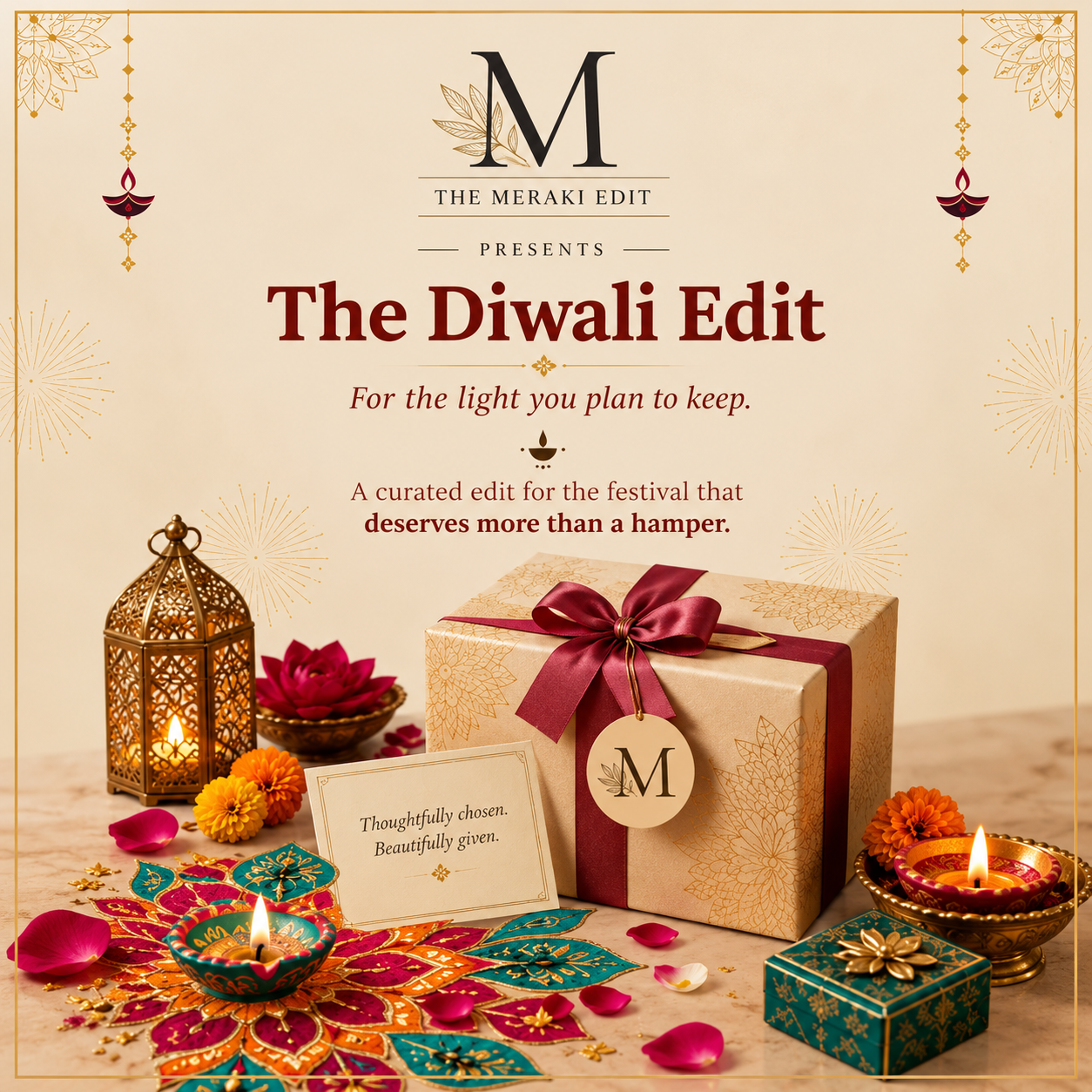 The Diwali Edit 2026 by The Meraki Edit featuring a festive gift box, brass lanterns, diyas and floral decorations.